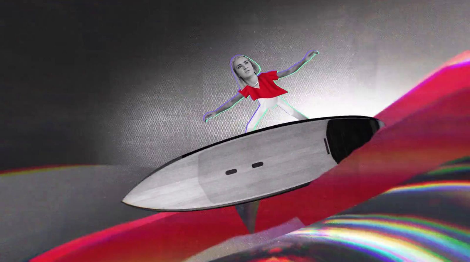 a woman in a red dress is on a surfboard