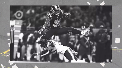 a collage of two football players jumping in the air