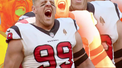 a football player with his mouth open in front of a group of other players