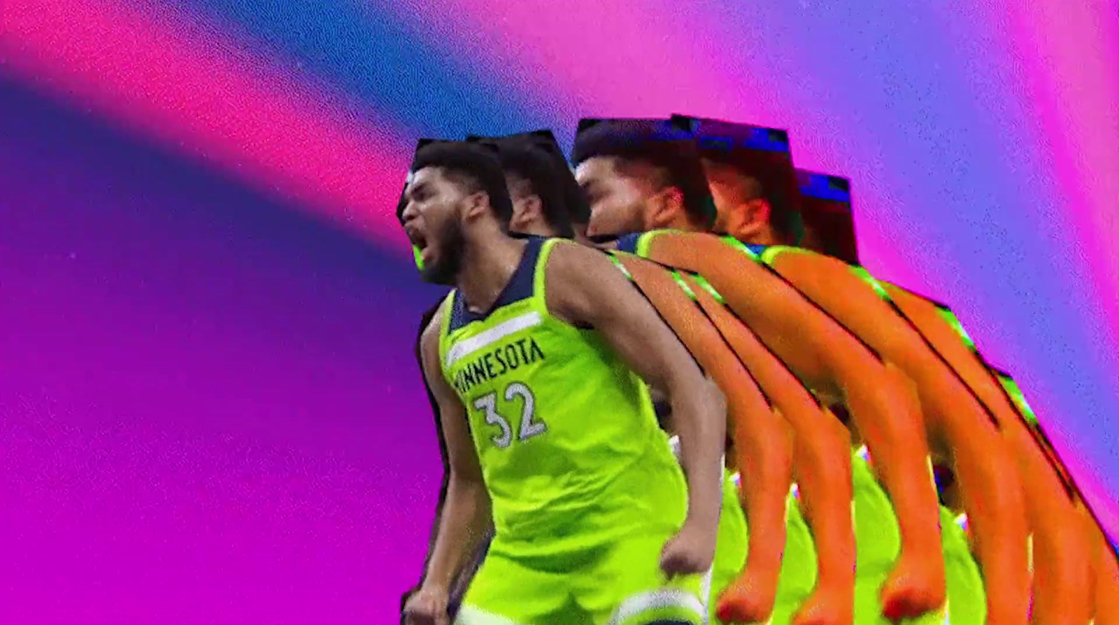 a man in a neon green basketball uniform standing next to a stack of neon orange