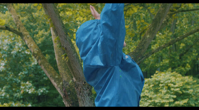 a person in a blue raincoat reaching up into a tree