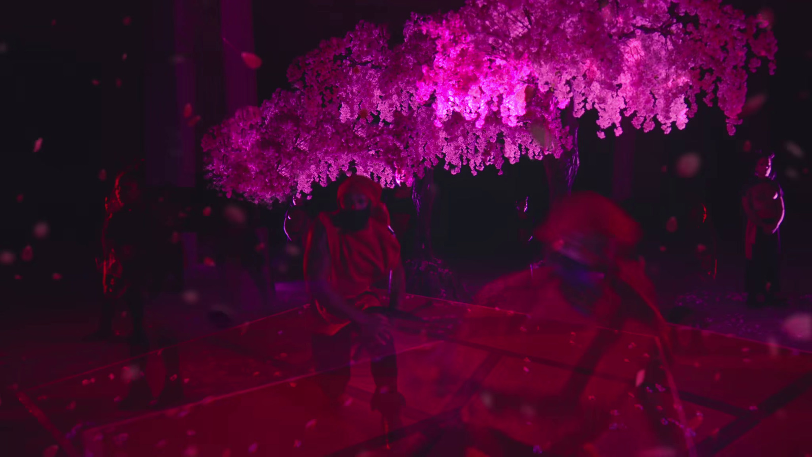 a group of people standing under a pink tree