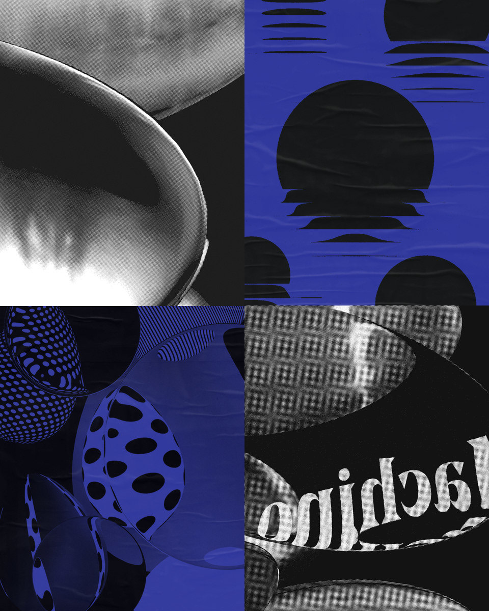 a collage of black and white images with a blue background