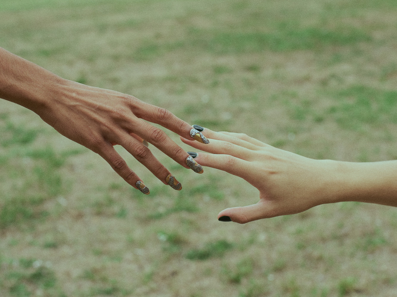 two hands reaching out towards each other in a field