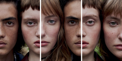 a series of three photos of a woman's face