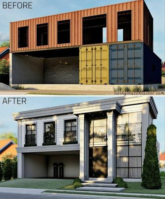 a before and after picture of a two story house