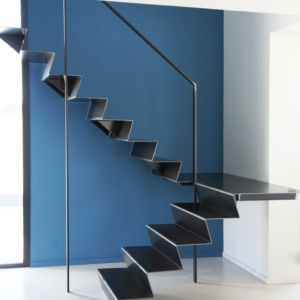 a set of stairs in a room with blue walls