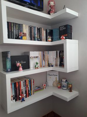 a corner shelf with books and a television on top of it