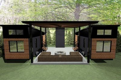 a 3d rendering of a small cabin with a couch