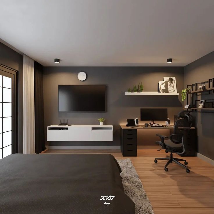 a bedroom with a bed, desk and television