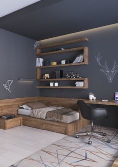 a room with a bed, desk, chair and shelves