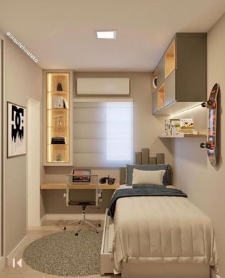 a bedroom with a bed, desk, and shelves