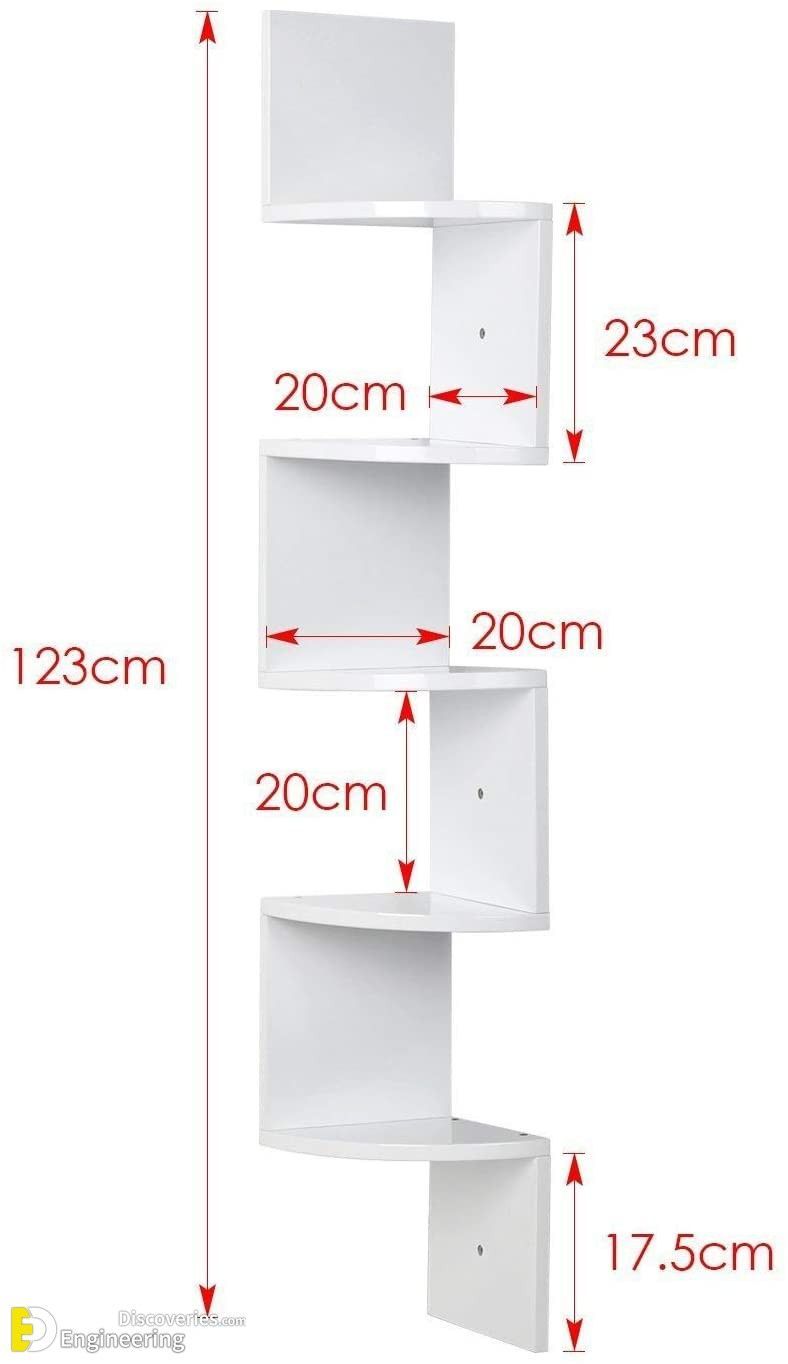 a white shelf with three shelves and measurements