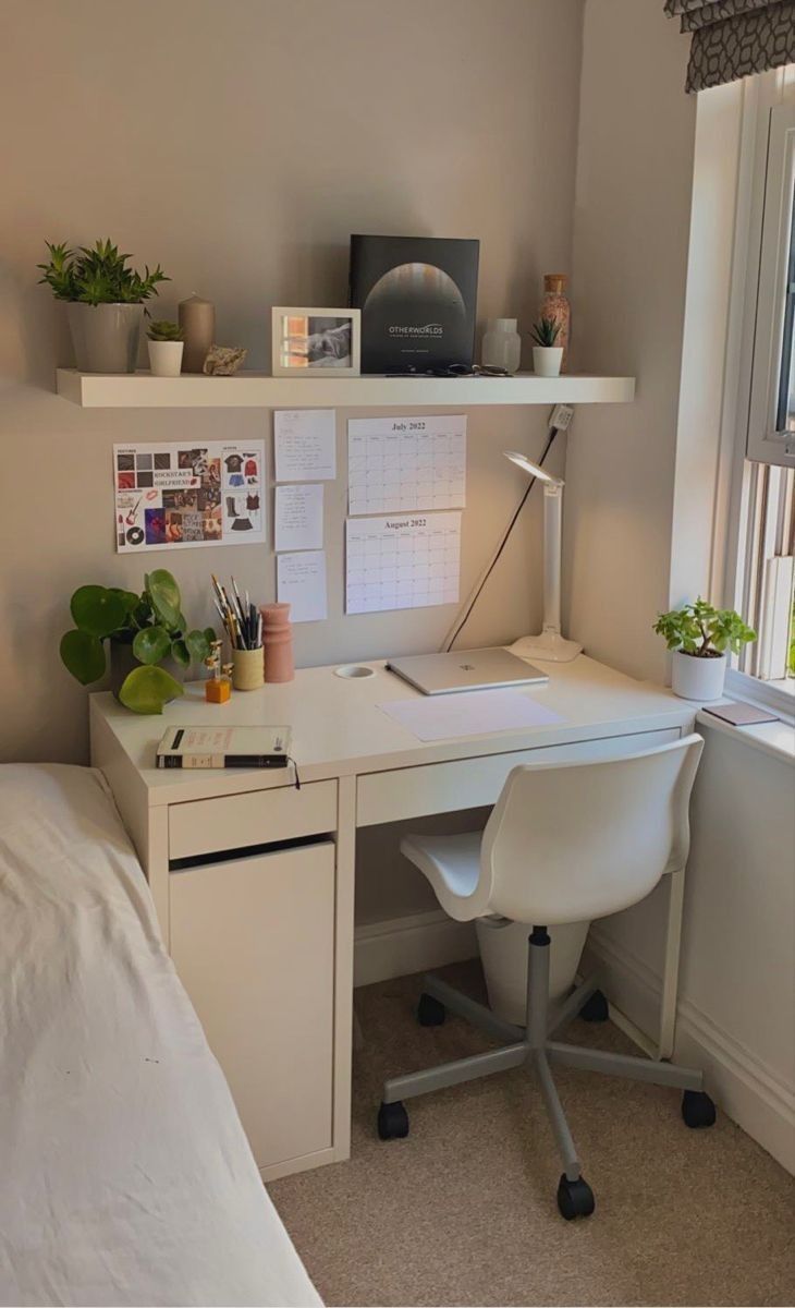 a white desk with a computer on top of it