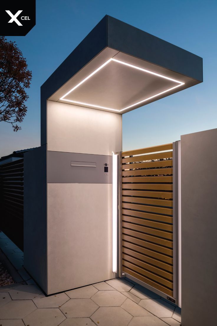 a modern entrance with a wooden slatted door