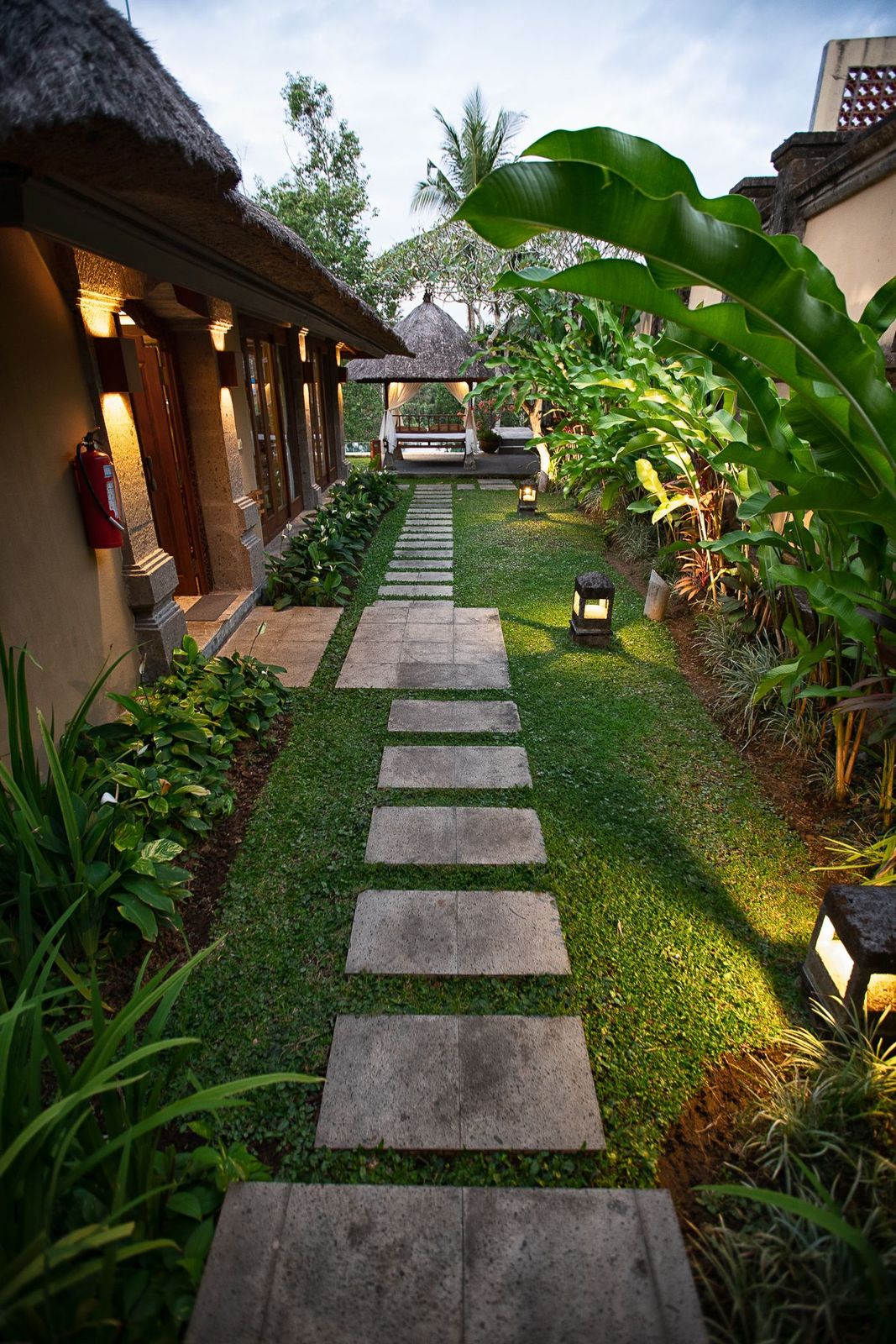 a garden with a path leading to a house