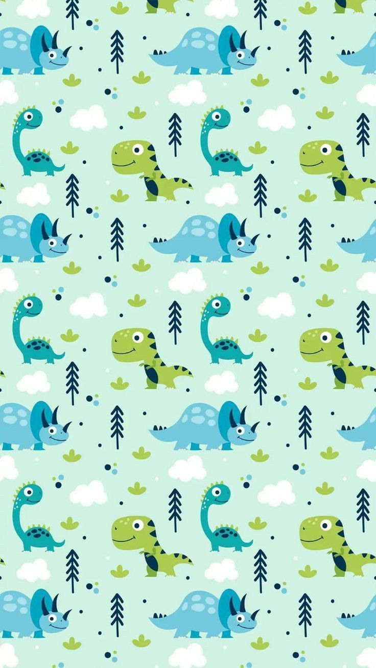 a blue and green dinosaur pattern with trees and clouds