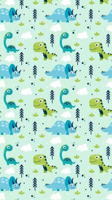 a blue and green dinosaur pattern with trees and clouds