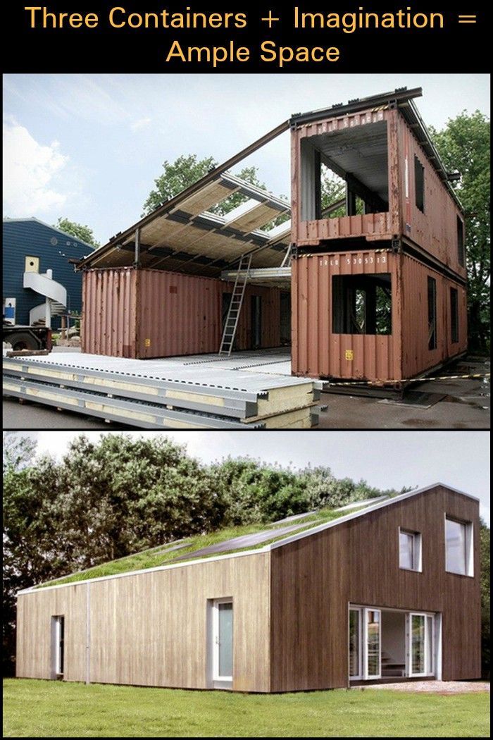 two pictures of a house made out of shipping containers