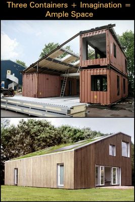 two pictures of a house made out of shipping containers