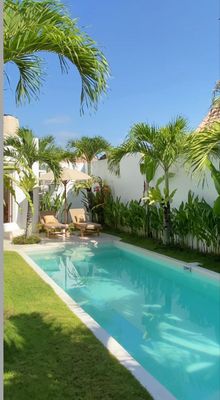 a swimming pool surrounded by lush green trees