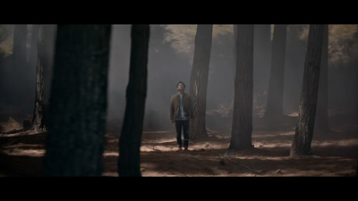 a man standing in the middle of a forest