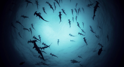 a large group of people swimming in the ocean