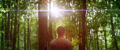 a man standing in the middle of a forest