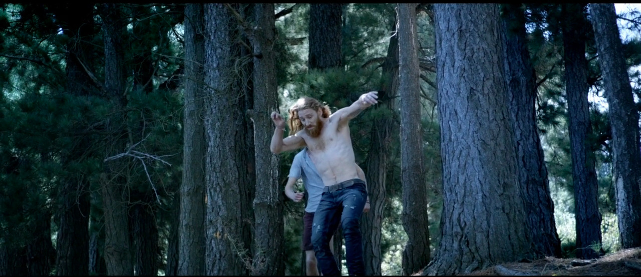 a shirtless man standing in the middle of a forest