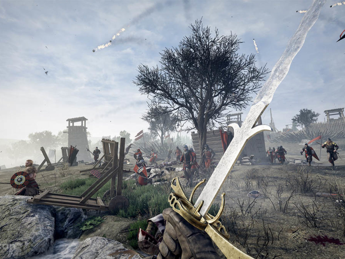 a screenshot of a video game with a sword in the foreground