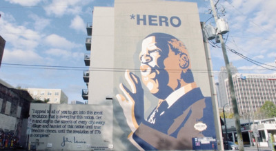 a building with a mural of a man on it