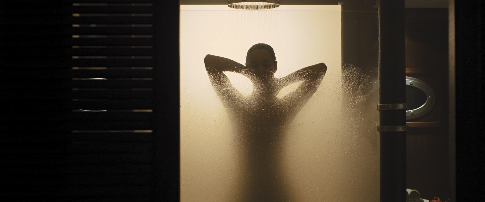 a silhouette of a person standing behind a frosted glass door