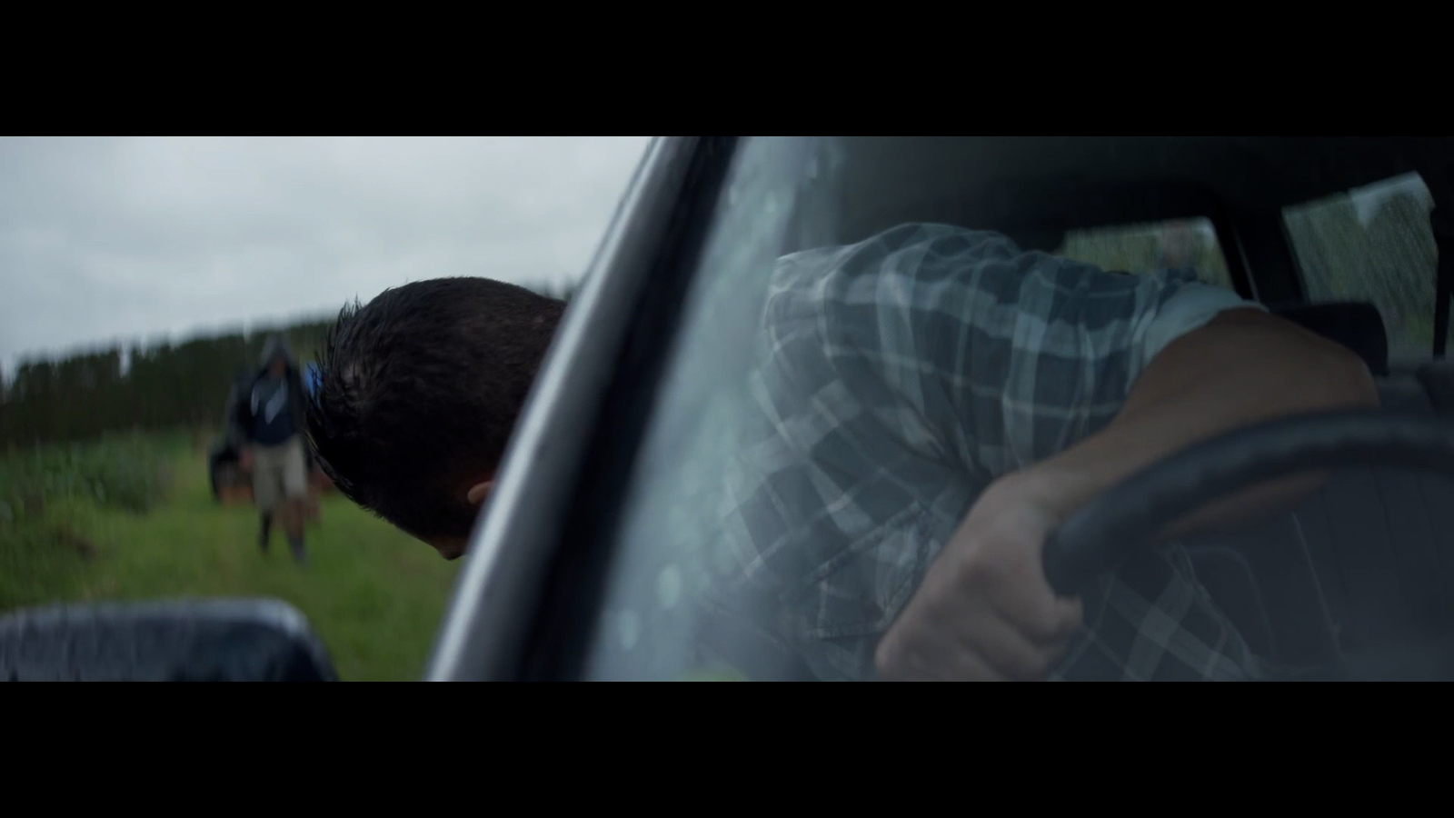 a man in a plaid shirt leaning out of a car window