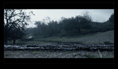 a field with trees and a car in the distance