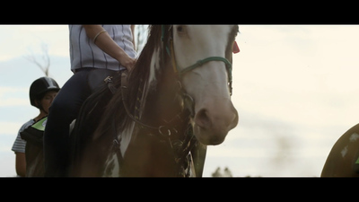 a man riding on the back of a brown and white horse