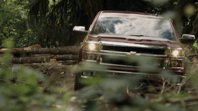 a red truck driving through a forest filled with trees