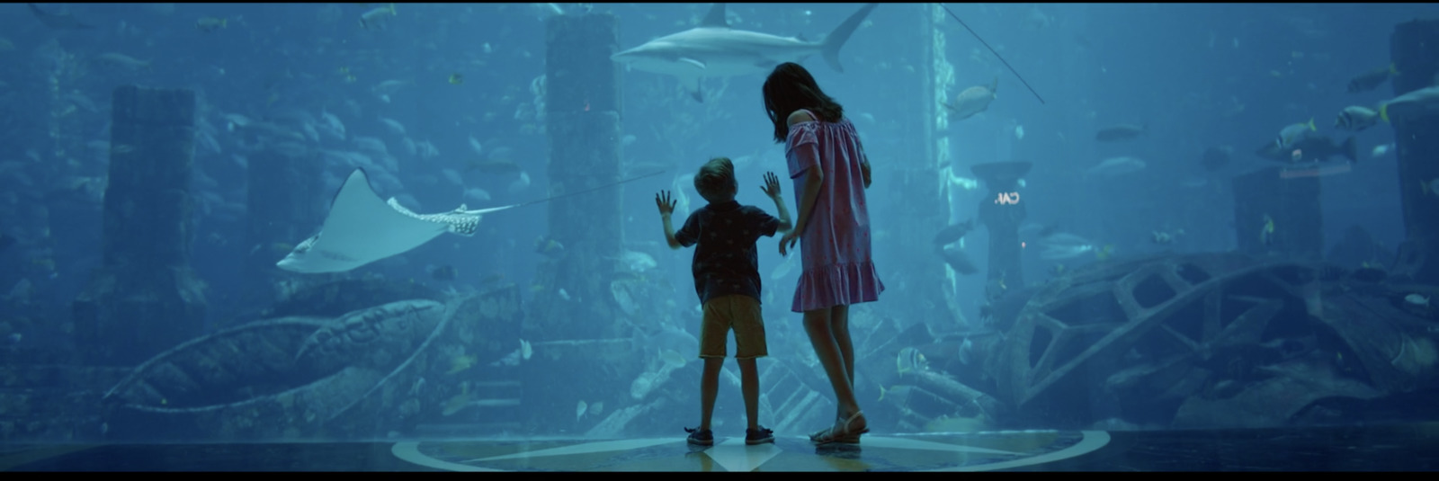 a woman and a child standing in front of an aquarium