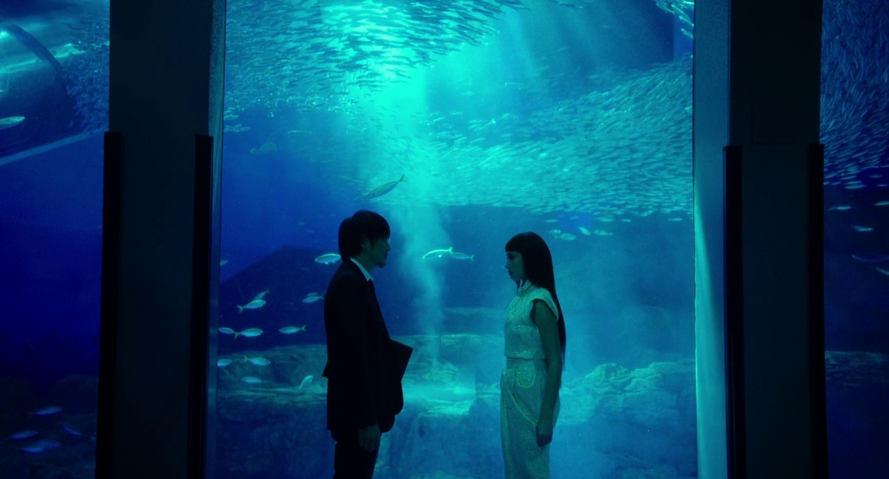 two people standing in front of a large aquarium