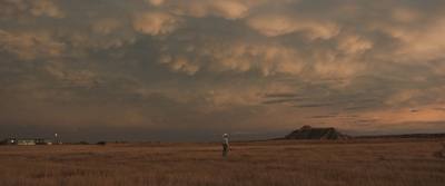 a person standing in a field under a cloudy sky