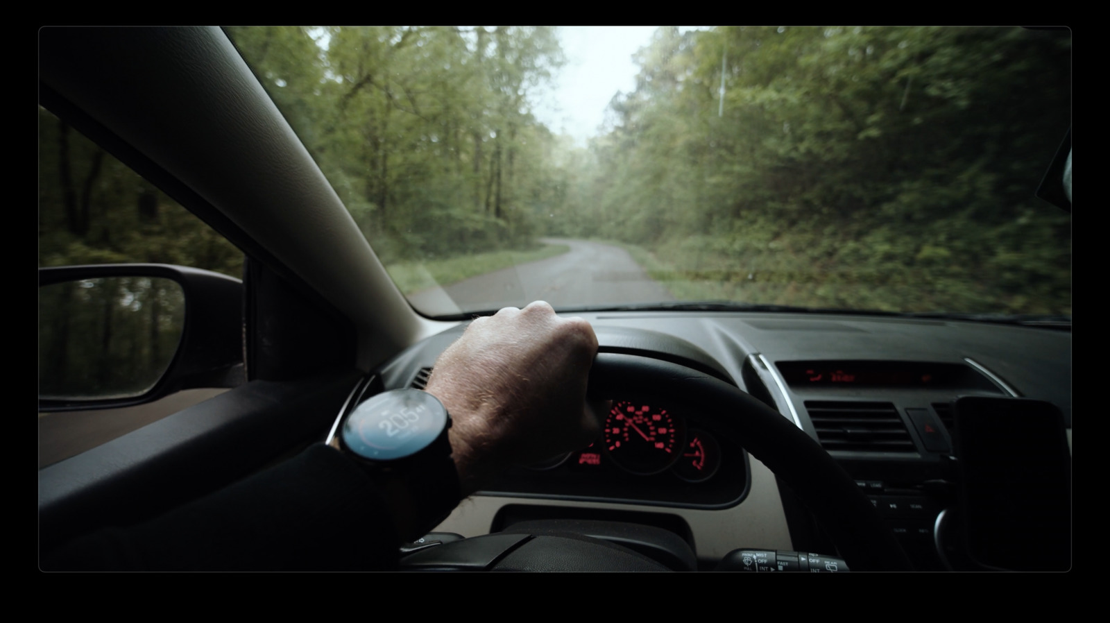 a person driving a car on a road with trees in the background