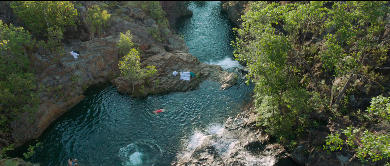 a group of people swimming in a river surrounded by trees