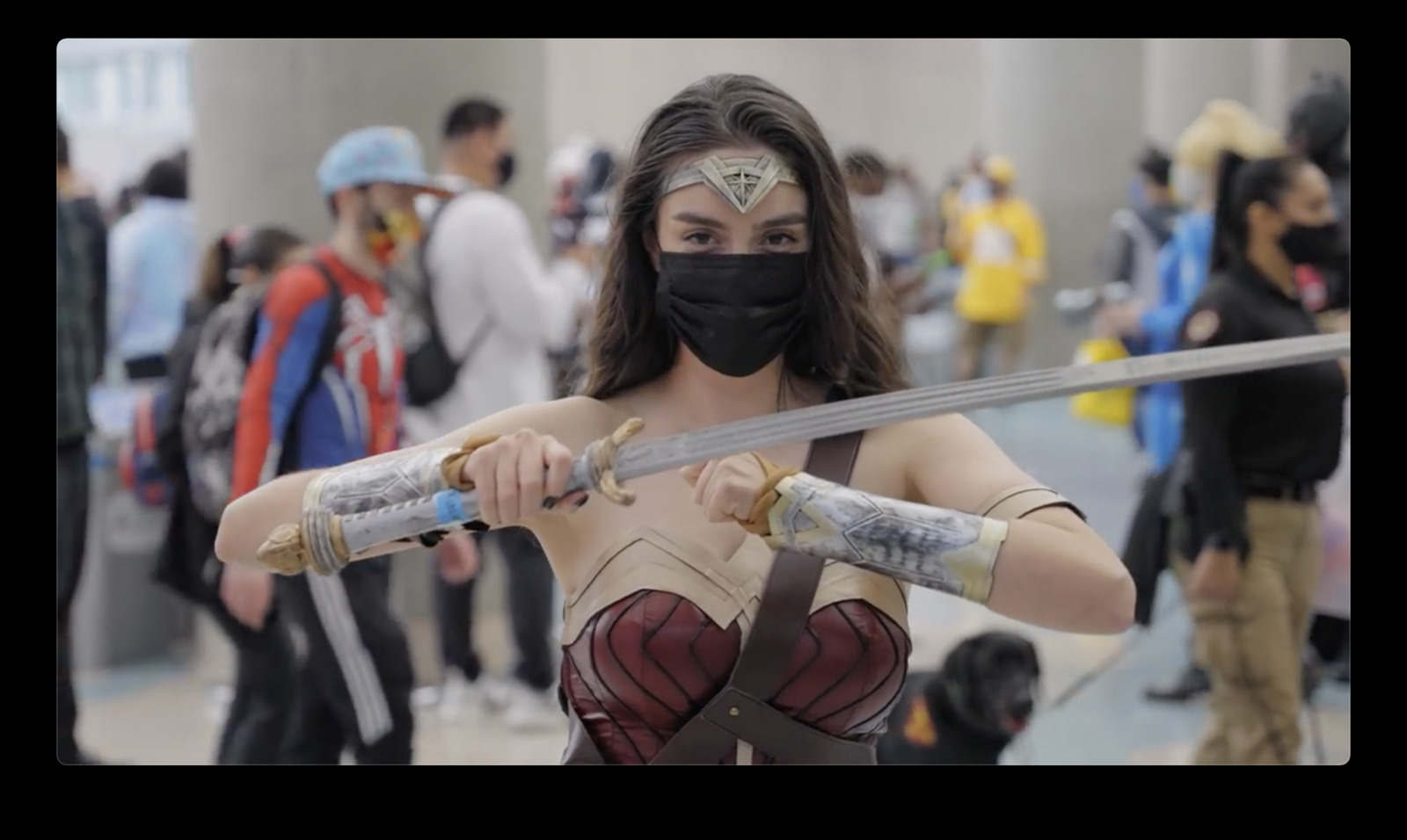 a woman in a cosplay outfit holding two swords