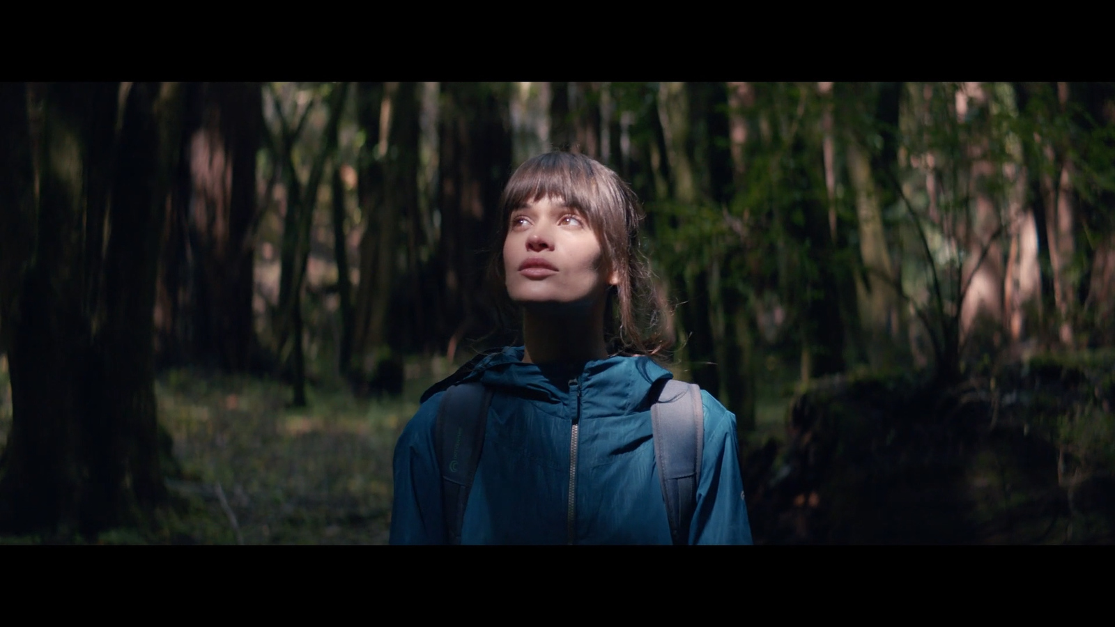 a woman standing in a forest looking up at the sky