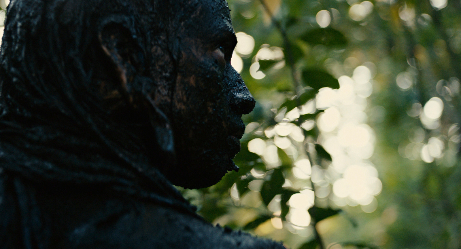 a close up of a statue of a man in a forest