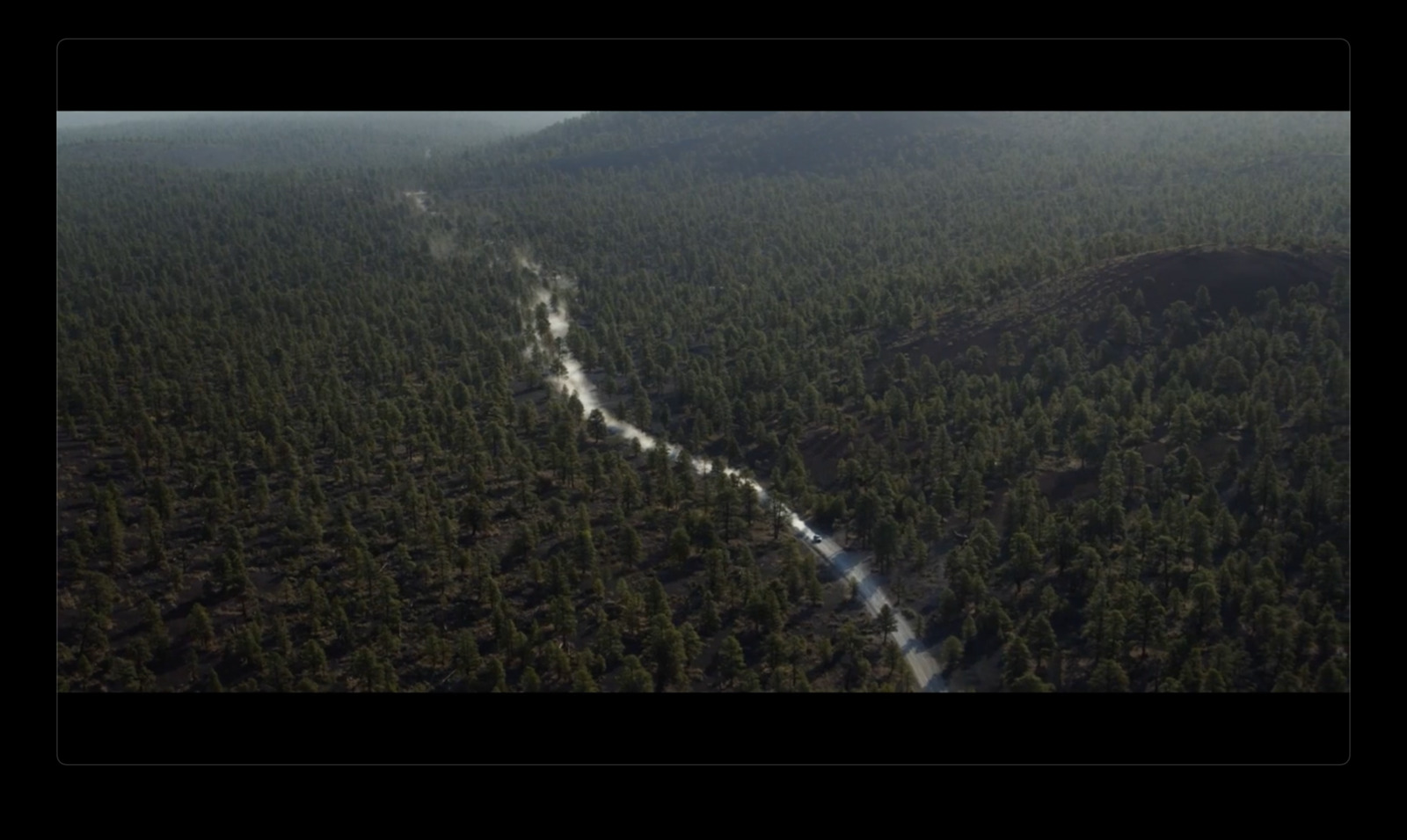 an aerial view of a road in the middle of a forest