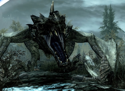 a giant dragon is standing in the middle of a swamp