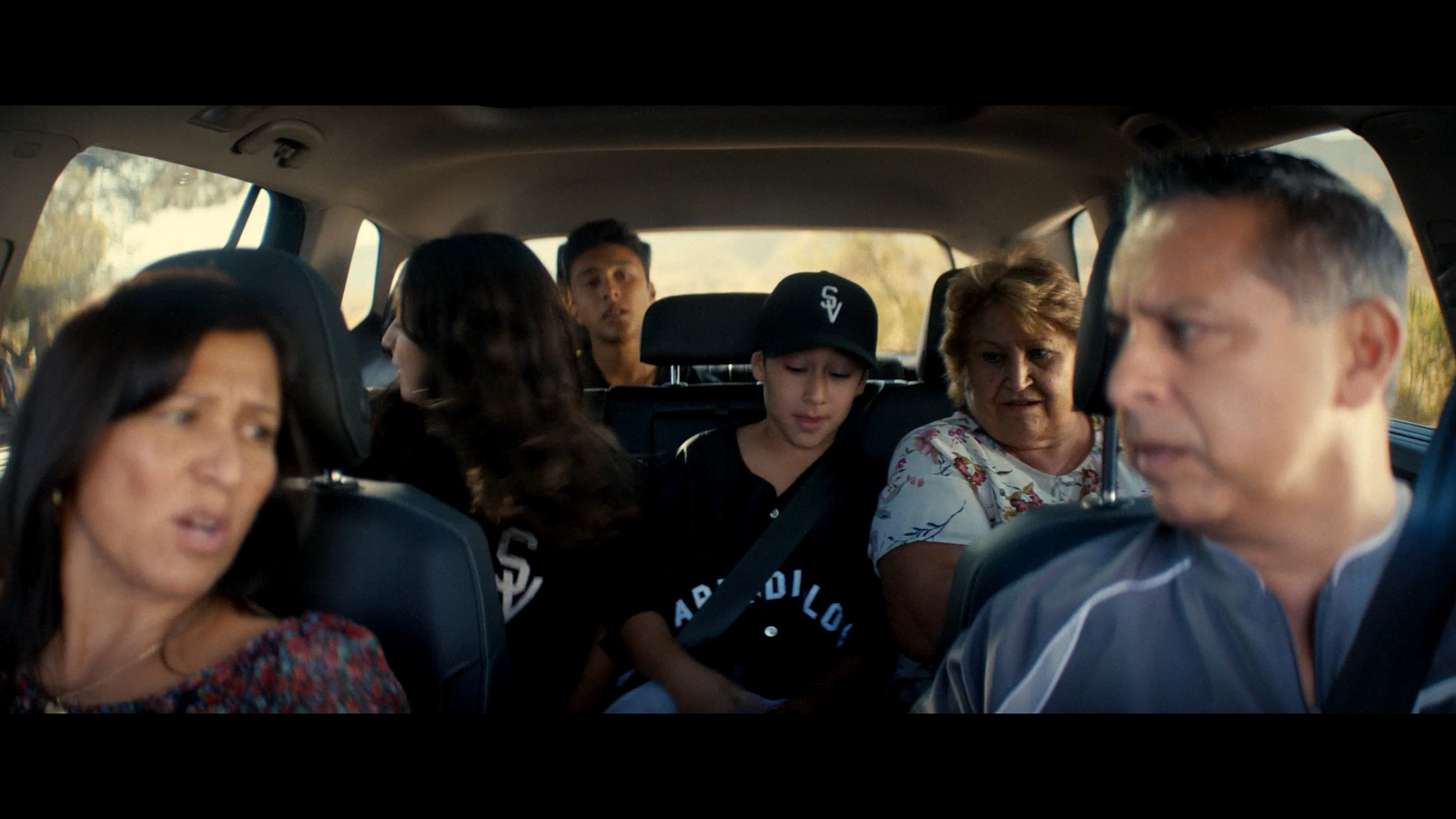 a group of people sitting in the back of a car