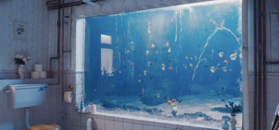 a bathroom with a fish tank and a toilet