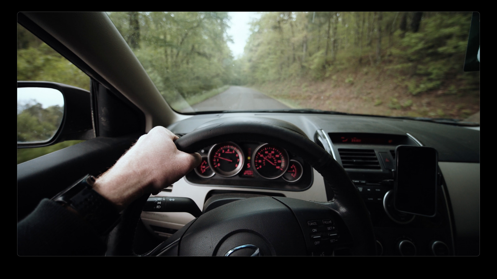 a man driving a car down a road next to a forest