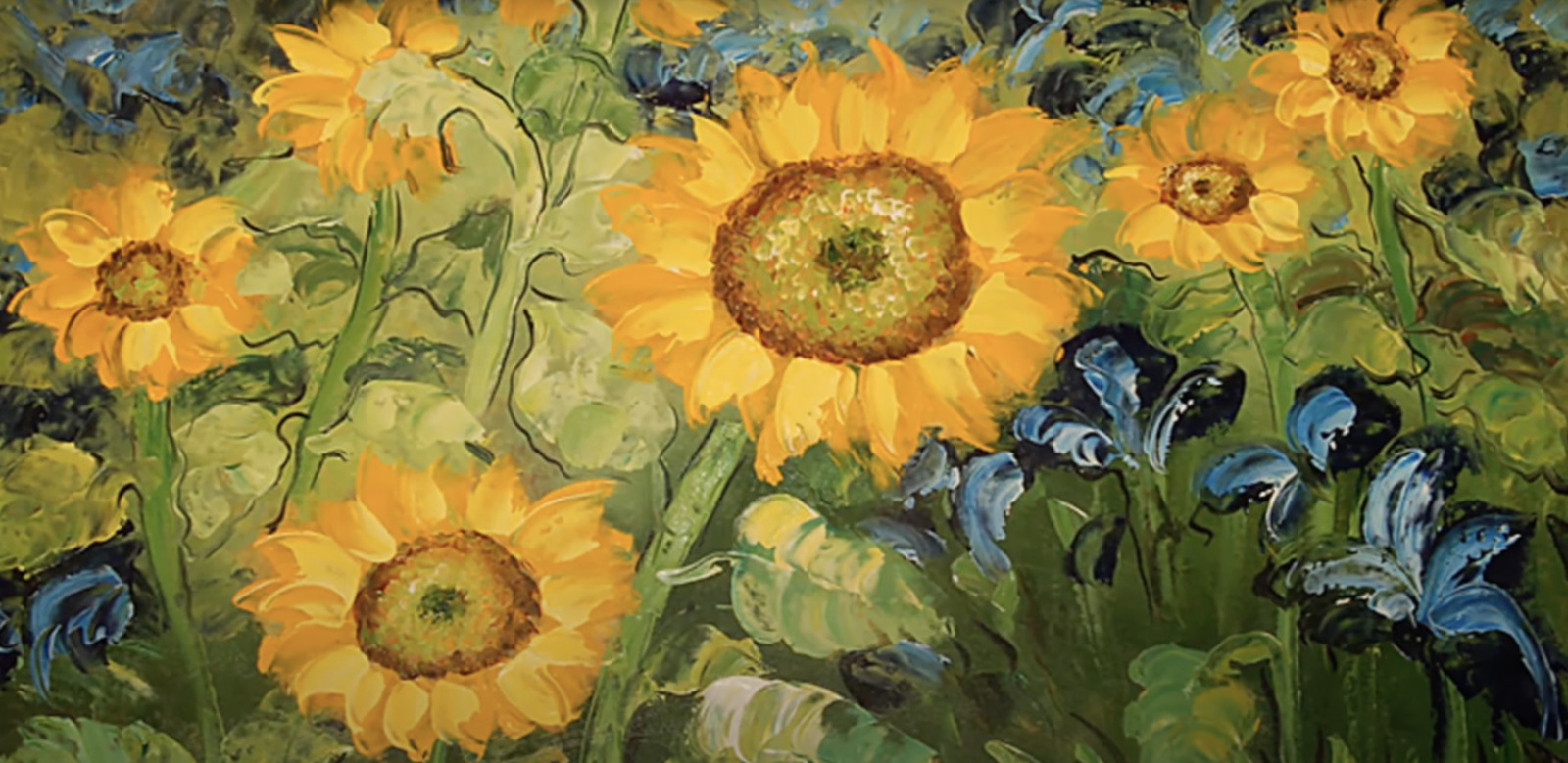 a painting of sunflowers in a field